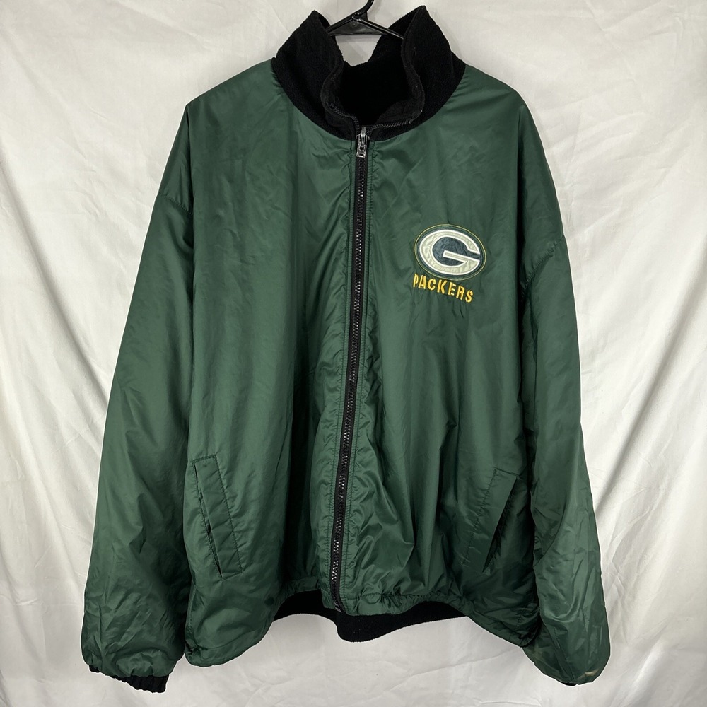 Vintage Pro Player Green Bay Packers Reversible Jacket Green Black Fleece Sz XL